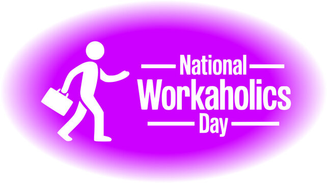 National Workaholics Day holiday greeting banner featuring a businessman pictogram carrying a briefcase vector icon on a purple vignette background.
