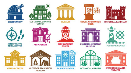 Naklejka premium Flat Icons Set of Tourist Attractions and Landmarks for Travel