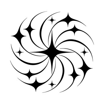 Black and white starburst emblem with smooth curved rays and geometric center design