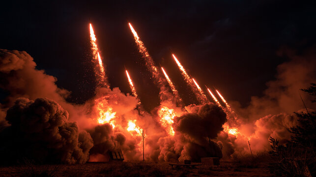 Missile Launch at Night: A dramatic nighttime scene unfolds as multiple missiles ascend into the dark sky, propelled by fiery exhaust and thick plumes of smoke.