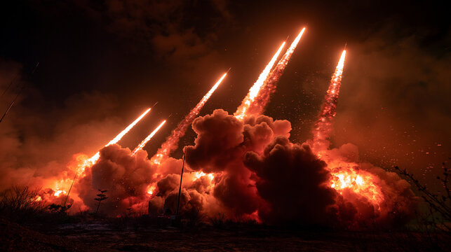 Flares and Fireworks: A dramatic night sky is illuminated by a barrage of bright flares and explosive fireworks, creating a spectacular visual display of light and color.