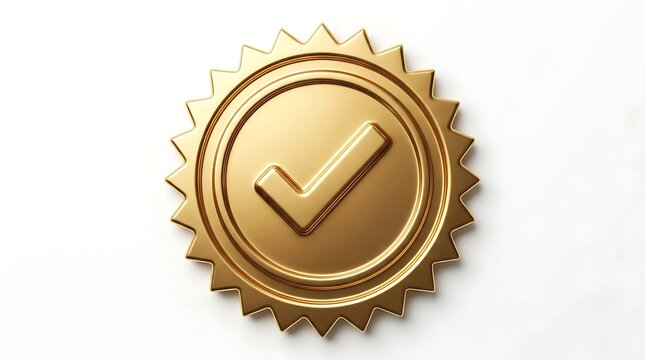 Golden seal of approval with checkmark on white background for quality assurance and verification