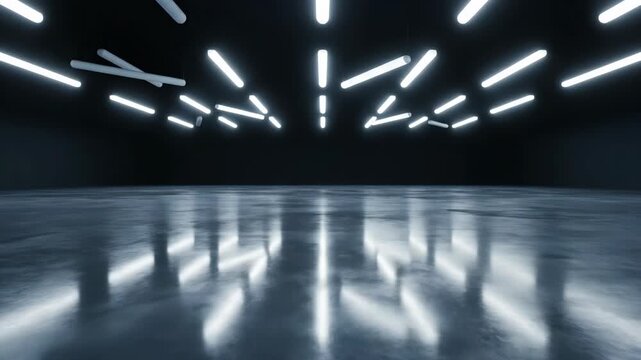 Wide shot of a dark empty industrial room featuring a highly reflective grey floor and rows of glowing white LED light bars on the ceiling creating long vertical reflections.