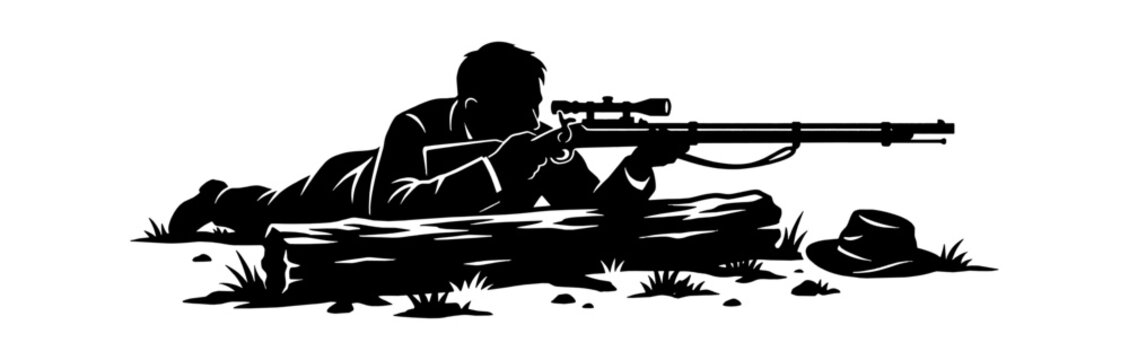 Black silhouette of a soldier lying down aiming a rifle with a scope in the field isolated on transparent background, Vector