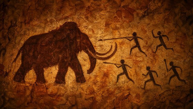 Ancient Prehistoric Cave Painting of Woolly Mammoth Hunt Scene