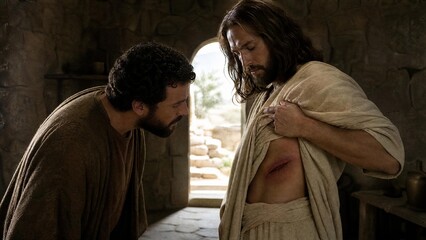 Obraz premium Jesus Christ Showing Side Wound to Doubting Thomas Apostle - Biblical Resurrection Scene