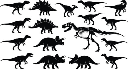 dinosaur black silhouette set tyrannosaurus skeleton triceratops stegosaurus flat vector graphic isolated white © VactorZone