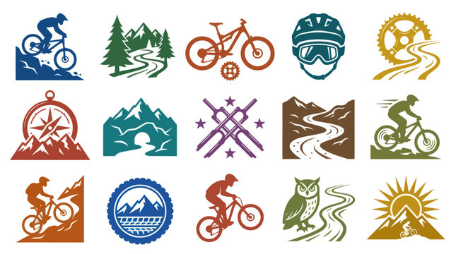 Flat Stylized Vector Mountain Biking and Outdoor Adventure Logos Collection