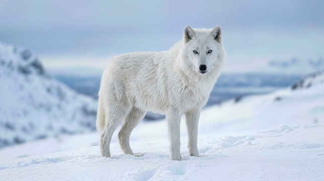 Arctic wolf standing on snow-covered terrain with a blurred mountainous background, showcasing its thick white fur and piercing blue eyes in a cold environment