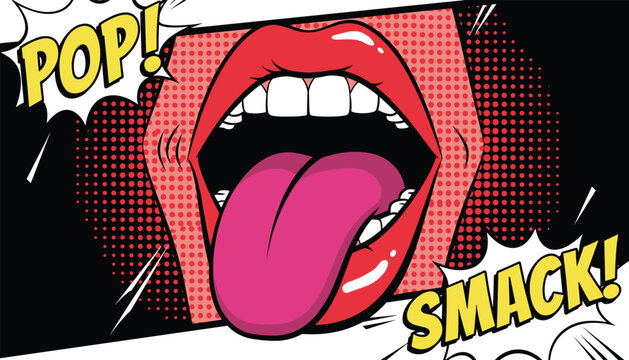 Bold pop art style illustration is featuring an open mouth with red lips and a pink tongue along with comic sound effect words like pop and smack.