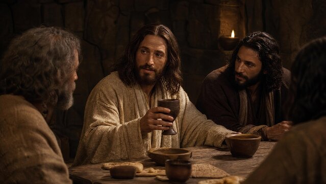 Jesus Christ Having Last Supper with His Disciples in Ancient Interior