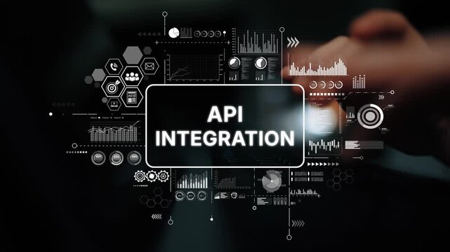 Modern API Integration Concept with Data Visualization and Technology Elements on Dark Background. Asymptotic smart data analytic.