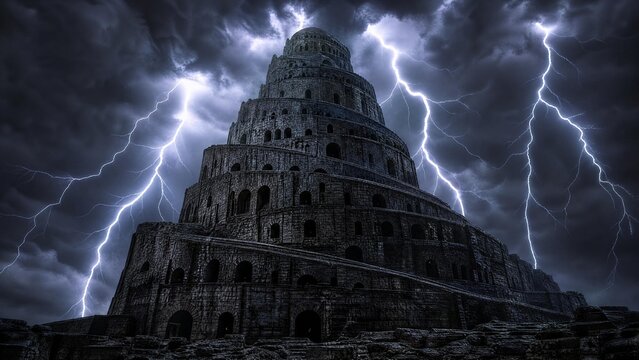 Tower of Babel Ancient Monument Under Dramatic Lightning Storm