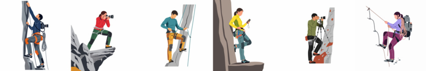 Fototapeta premium Collection of flat vector illustrations depicting people mountain climbing and taking professional photographs in a rocky outdoor environment.