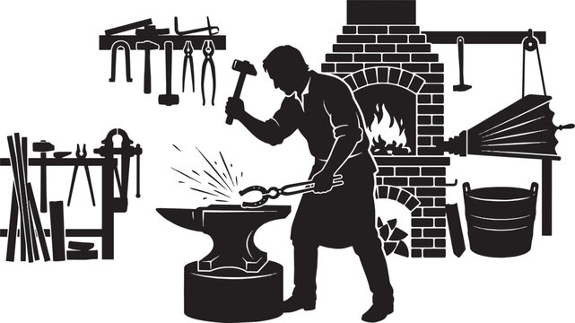 Black silhouette of a blacksmith working with a hammer and anvil in a traditional metal workshop with tools and a burning furnace isolated on transparent background, Vector
