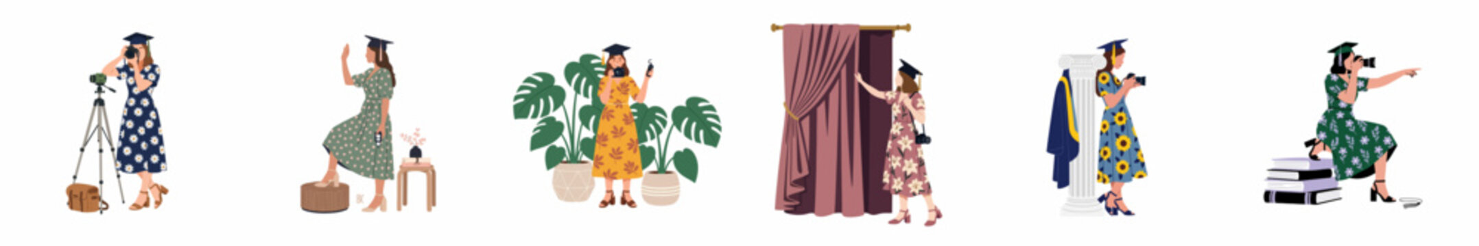 A collection of female graduates in academic caps and floral dresses, capturing memories with cameras in various settings on a white background.