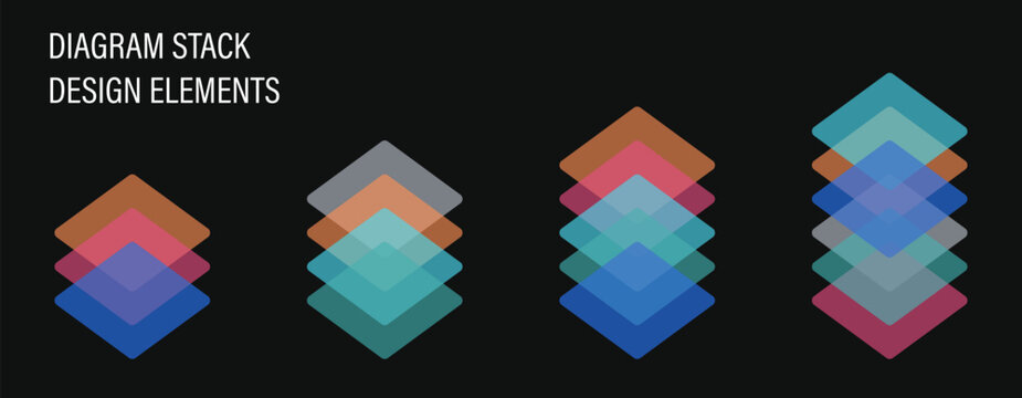 Colorful layered infographic stack elements on dark background. Modern geometric diagram blocks with transparent overlapping shapes for data visualization. Creative business graphic set 
