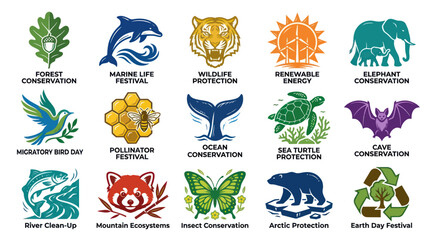 Obraz premium Modern Flat Vector Icons Set for Environmental Conservation, Wildlife Protection, Nature Events, and Renewable Energy.