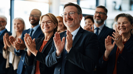 Obraz premium Applause for Success: A diverse group of professionals, all smiling and looking forward, applaud enthusiastically in an office setting, conveying a sense of shared accomplishment and appreciation.