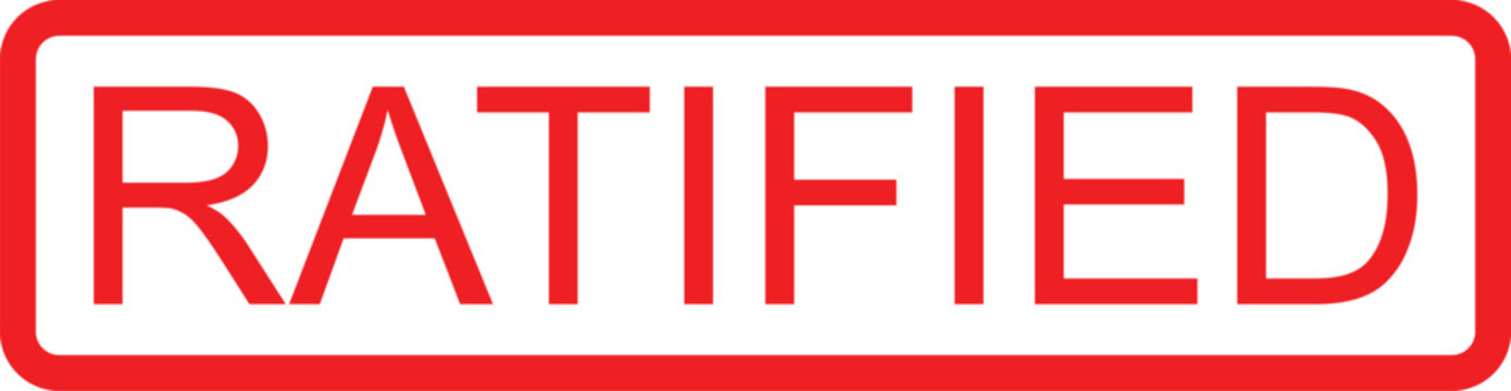 A red and white rectangular stamp with the word ratified in bold red letters