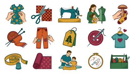Fototapeta premium Sewing and Crafting Icons: Flat Vector Illustrations of Tailoring and Knitting