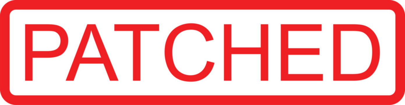 Rectangular red stamp with the word patched in large white letters inside