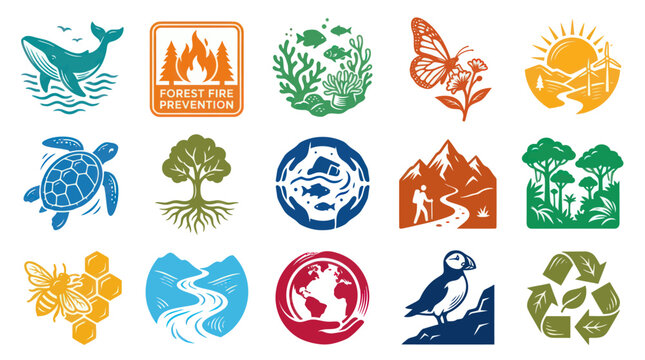 Nature and Ecology Icons: Whale, Forest Fire, Coral Reef, Turtle, Tree, Landscape, Bee, River, Globe, Recycling