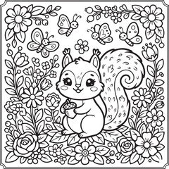 Fototapeta premium Cute Squirrel Coloring Page for Kids, Printable Squirrel Coloring Book Illustration