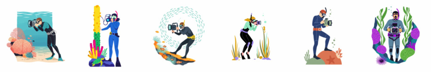 Flat vector illustration set of scuba divers capturing professional underwater photography and videography of diverse marine life and coral reefs. © Maya