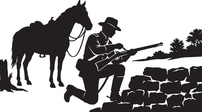 Silhouette of a cowboy kneeling with a rifle beside his horse in a field isolated on transparent background, Vector