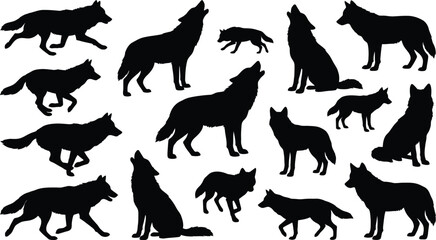 Wild wolf pack black silhouette vector illustration howling running standing animal isolated on white background © VactorZone