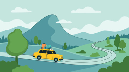 Fototapeta premium Yellow car with luggage on roof driving on winding mountain road summer landscape vector flat illustration