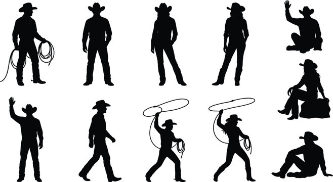 western cowboy and cowgirl bundle black silhouette with lasso flat vector graphic illustration isolated on white