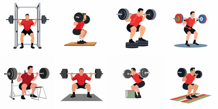 Set of eight flat vector illustrations depicting a male athlete in a red shirt performing various barbell squat variations for strength training.