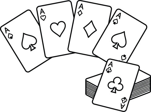 Playing Cards With Aces Black And White Line Art