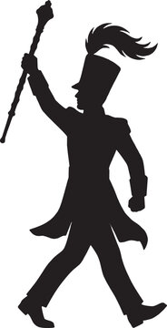 Black silhouette of a drum major marching and holding a baton up high isolated on transparent background, Vector
