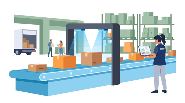 Automated logistics and warehouse inventory management with worker monitoring package scanning on conveyor belt