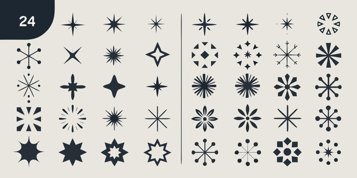 Geometric Starburst Ornament Collection Black Vector Illustrations On Neutral Background abstract design arrangement black and white burst pattern complex shape