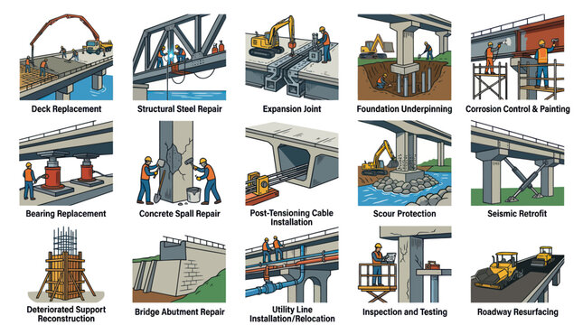 Construction  Civil Engineering: Bridge Repair  Maintenance Process Flat Vector Illustrations