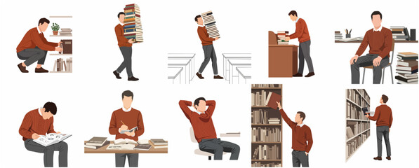 Flat vector illustration set of a man studying, carrying tall stacks of books, reading at a desk, and browsing library bookshelves for academic research and education concepts. © Mohaamed