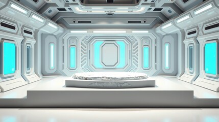 Fototapeta premium Futuristic room design. White walls, blue lights, central platform. Clean lines, symmetrical layout, modern aesthetic. Minimalist interior.