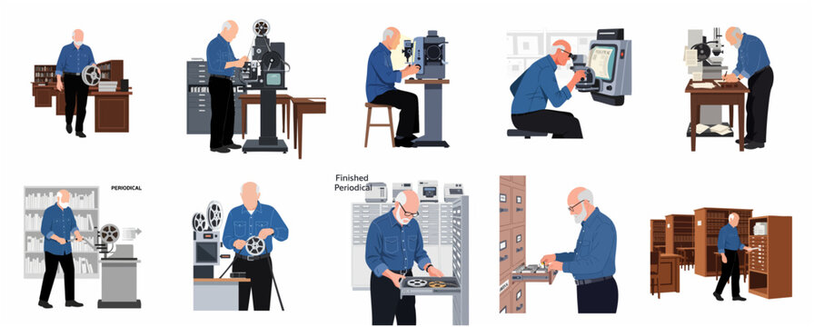 Archivist working in library with microfilm reader, film reels and card catalog set of flat illustrations