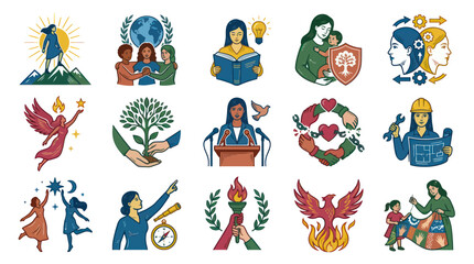 Fototapeta premium Empowering Women: Diversity, Education Leadership Retro Flat Vector Illustration Collection
