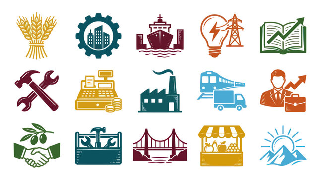Stylized Industry Sector Vector Icons Set. Diverse Economic Activities and Business Fields Glyph Pictograms.
