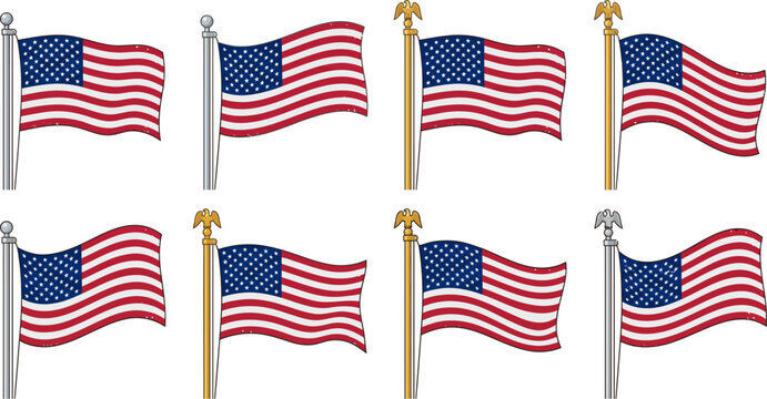American flag on pole set. USA national flagpole collection design, waving stars and stripes, for 250 years 1776 to 2026 patriotic Independence Day celebration.