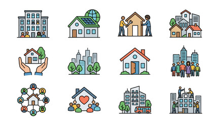 Fototapeta na wymiar Diverse illustrations of homes and community building actions