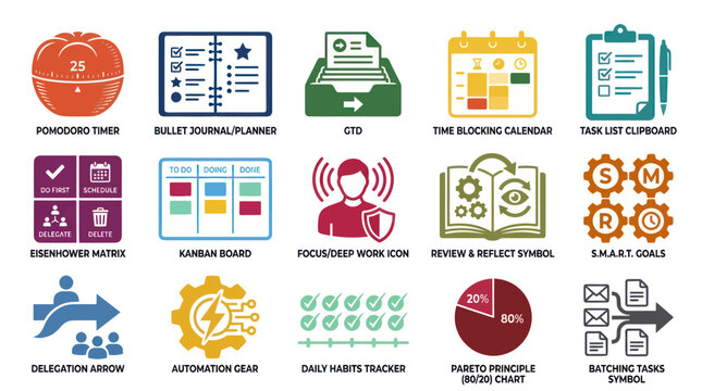 Productivity and Time Management Icons: Pomodoro, GTD, Kanban, SMART Goals