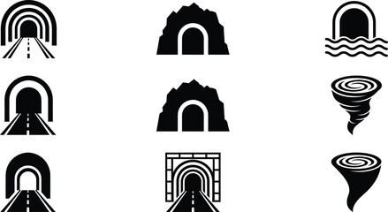 Fototapeta na wymiar Transportation tunnel and natural disaster tornado silhouette icons vector set featuring mountain passages and underwater road pathways