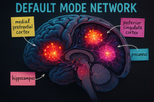 Scientific brain cross section showing glowing neural activity of default mode network. This neuroscience and anatomy diagram explores mind and human consciousness