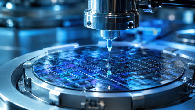 Automated semiconductor wafer coating process with liquid applied to silicon chip in high tech fabrication facility